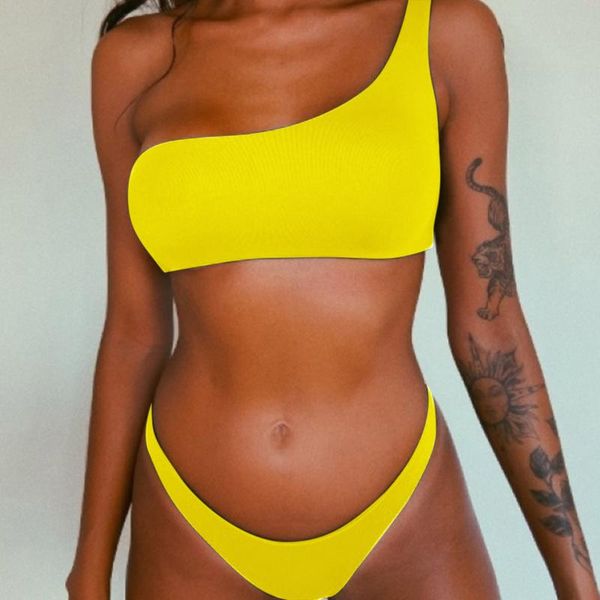

women's swimwear women solid color two piece bikini set one shoulder push up bathing high waist swimsuit female 2021 manhole cover, White;black