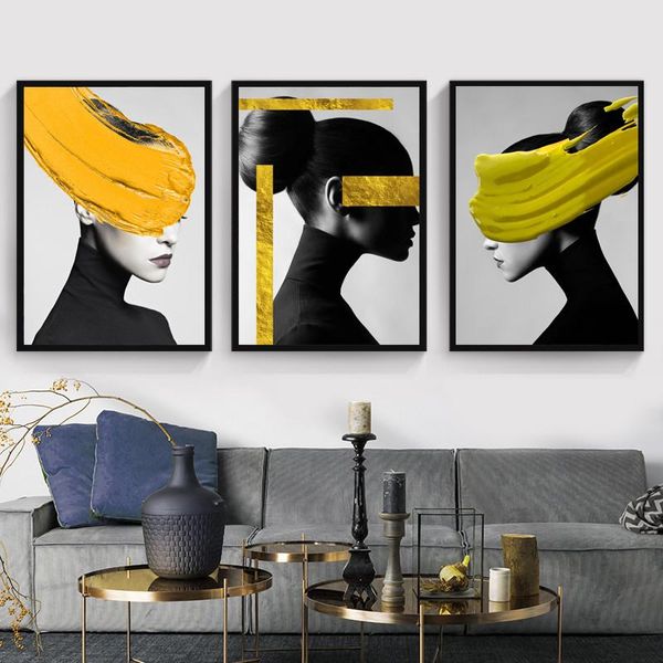 

paintings abstract beauty woman wall art posters black & white yellow gold foil canvas painting pictures for living room decor