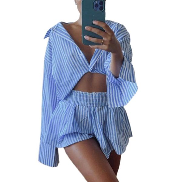 

women's tracksuits 2021 fashion lady elegant striped print shirt 2pcs set spring autumn casual outfit suit women long sleeve blouse +sh, Gray