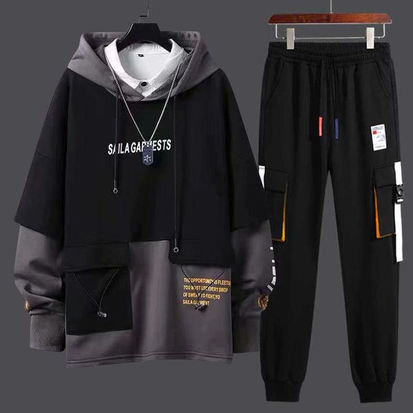 

men's tracksuits [clothes + pants] spring and autumn sweater leisure suit korean hooded sportswear youth 2-piece set, Gray
