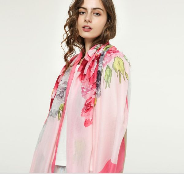 

spring and summer big flower printing silk scarf cotton hemp beach towel, Blue;gray