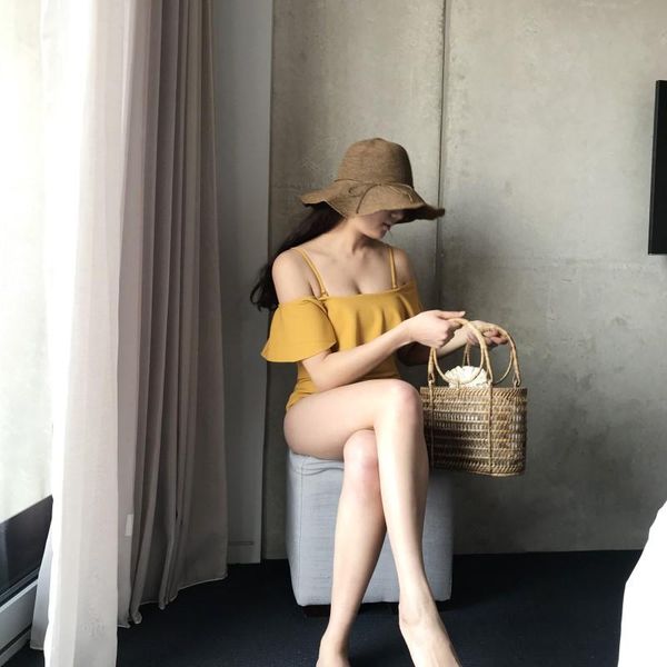 

one-piece suits 2021 women's yellow one pieces swimsuit swimwear with ruffle flounce adjustable halter strap beachwear