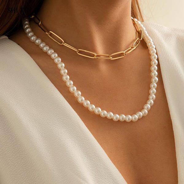 

chains 2021 elegant imitation white pearl beads long chain necklaces for women vintage layered thick link on the neck, Silver