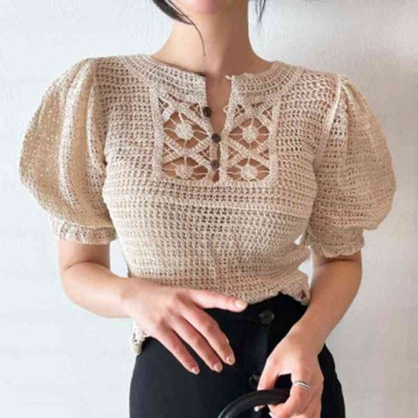 

pullovers shorts knitted summer korean o collar hollow thin bubble short-sleeved women sweater solid 305b 210420, White;black