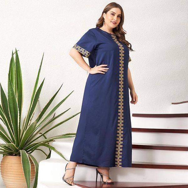 

plus size dresses summer women's dress elegant golden plaid stitching loose short-sleeved long slim dark casual blue maxi, Black