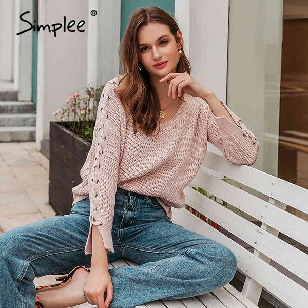 

causal basic lace up autumn winter office lady v-neck female sweater elegant long sleeve women pullover 210414, White;black