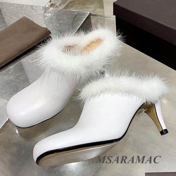 

fashion square head muller shoes leather personality girl party winter ladies high-heeled slippers, Black