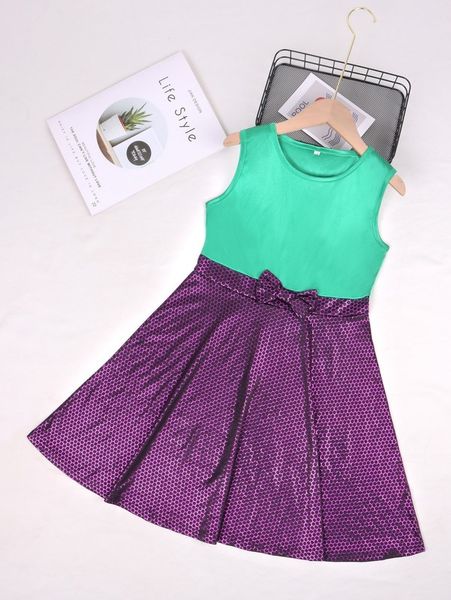 

girls geo print colorblock bow front dress she, Red;yellow