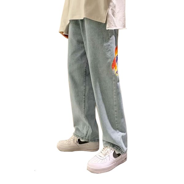 

men's jeans raiow printed jeans, loose casual straight combined with all fashion, korean hip hop style 2021, Blue