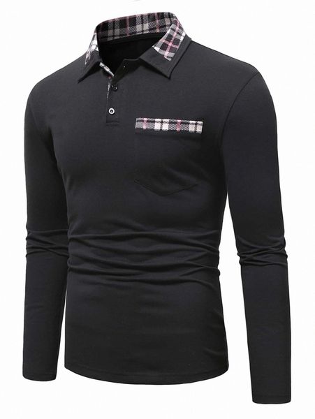 

men plaid trim pocket front polo shirt 06qv#, White;black