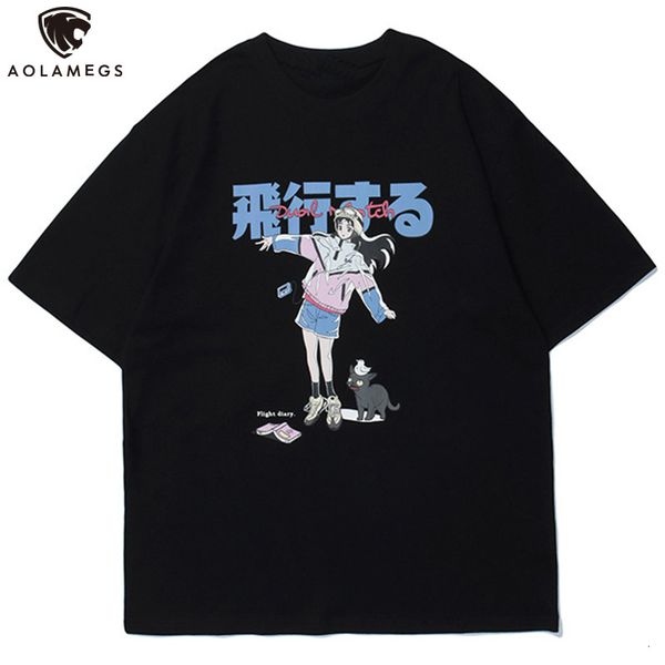 

men's polos aolamegs manga girl kanji cat printed otaku anime male t-shirt streetwear japanese couple harajuku t summer, White;black