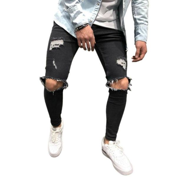 

men's jeans skinny men fashion hole casual slim fitness ripped pants tight trousers fit black grey denim for, Blue