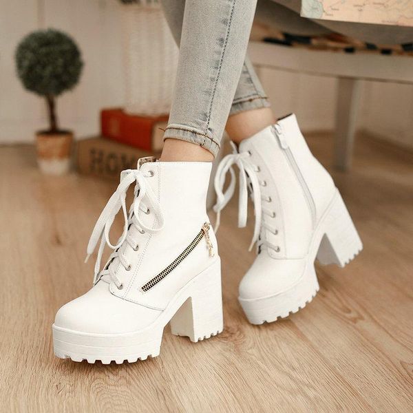 

boots zawsthia winter warm fleece lined plain solid white platform chunky square high heels cross-tied women shoes ankle, Black