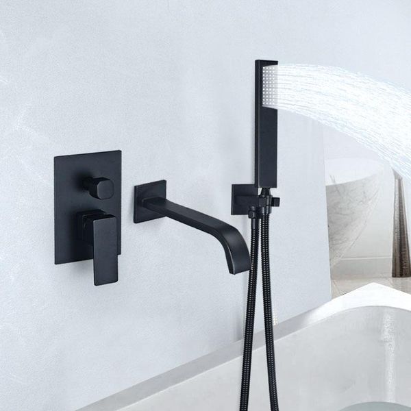 

black stainless steel square rainfall shower head in wall mixer taps bathtub system and cold faucet bathroom sets