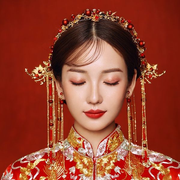 

bride xiuhe headdress tassels, antique ornaments, wedding chinese style clothes, hair phoenix crown, Slivery;golden