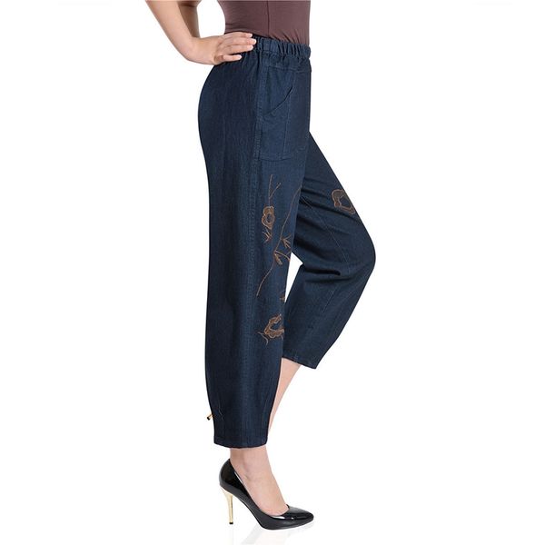 

women's loose harem jeans with embroidery elasticity boyfriends mom female plus size casual denim pants 210428, Blue