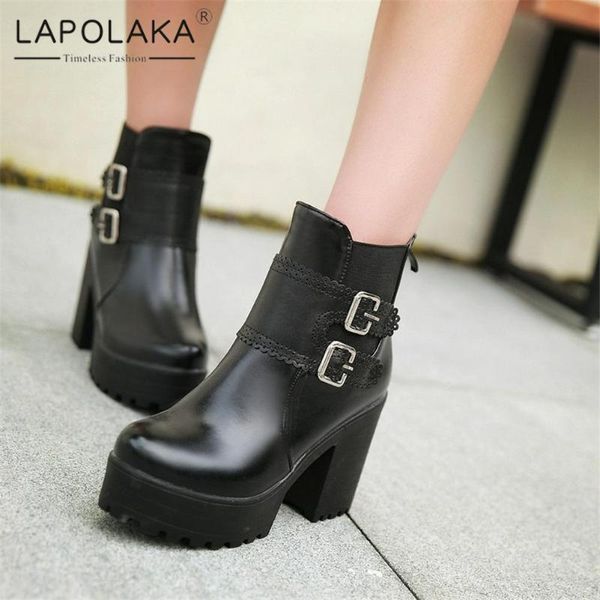 

boots 2021 fashion plus size 45 vintage buckle platform high heels trendy work brogue shoes ladies ankle booties, Black