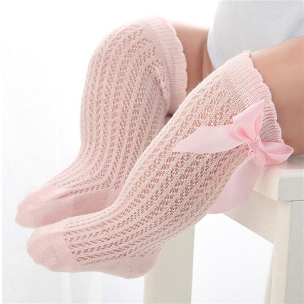 

socks summer kids solid color bowknot knee high baby girls hollow out breathable anti slip, Pink;yellow