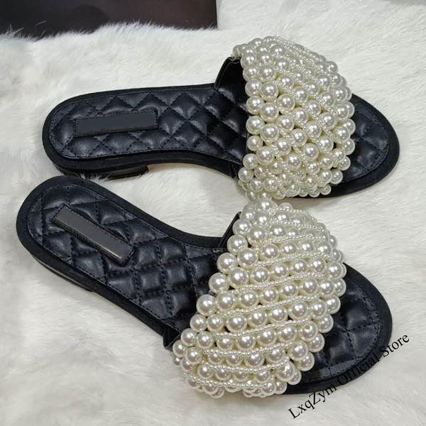 

80% off shoes fashion summer design pretty ladies slippers pearls open toe upper flat heel women slides beach sandals 0uo4, Black