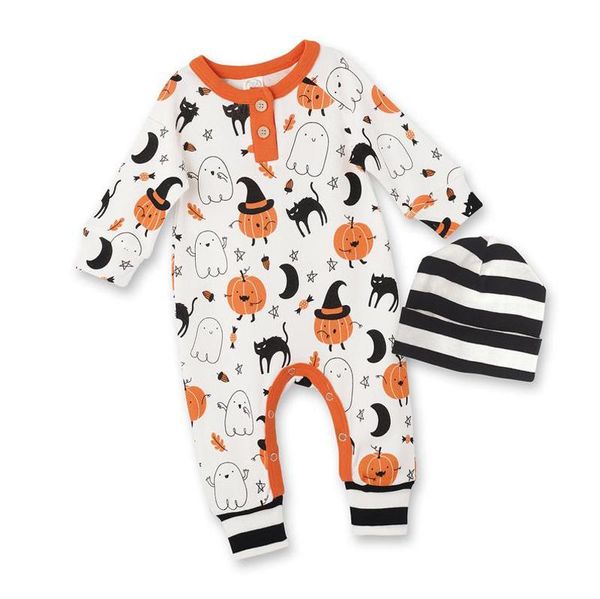 

jumpsuits 0-24m born infant baby boy girl long-sleeved jumpsuit cartoon halloween print round neck long pants and hat 2pcs clothing, Blue