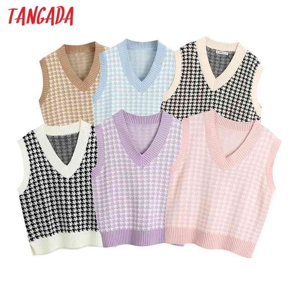 

women fashion khaki plaid oversized knitted vest sweater v neck sleeveless loose female waistcoat chic be121 210416, White;black