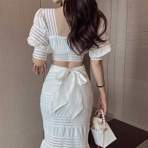 

summer 2pcs set women boho elegant square collar puff sleeve crop + high waist bodycon bowknot mermaid skirt suit 210526, White