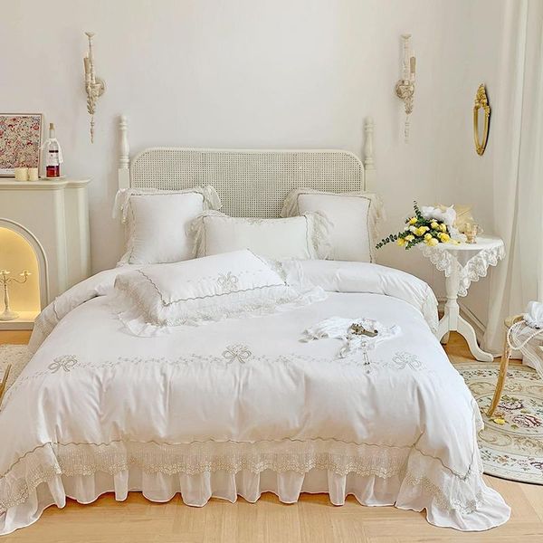 

bedding sets luxury french princess egyptian cotton silky set bow embroidery floral chiffon ruffle duvet cover bed linen pillowcases