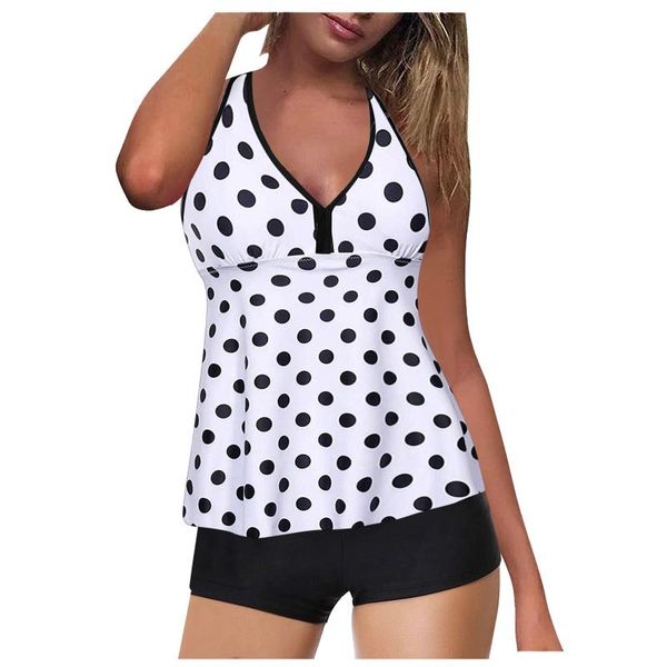 

women's swimwear women plus size dot print tankini high waist neck halter tummy control two piece swimsuit bikinis 2021 mujer, White;black