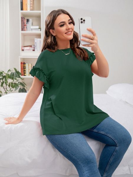 

plus ruffle sleeve solid tee 146s#, Black