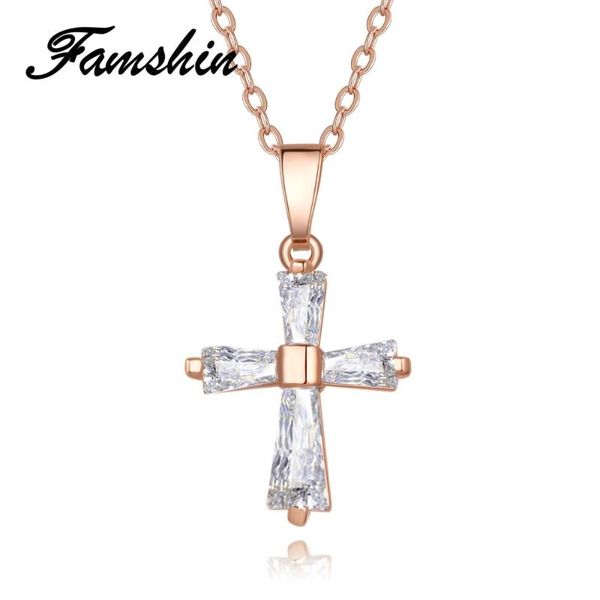 

pendant necklaces famshin rose gold color cross for woman crystal cubic zirconia long necklace bijoux jewelry wholesale, Silver
