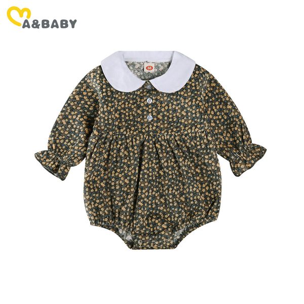 

0-18m spring autumn born infant baby girls rompers vintage flower long sleeve peter pan collar jumpsuit playsuit 210515, Blue