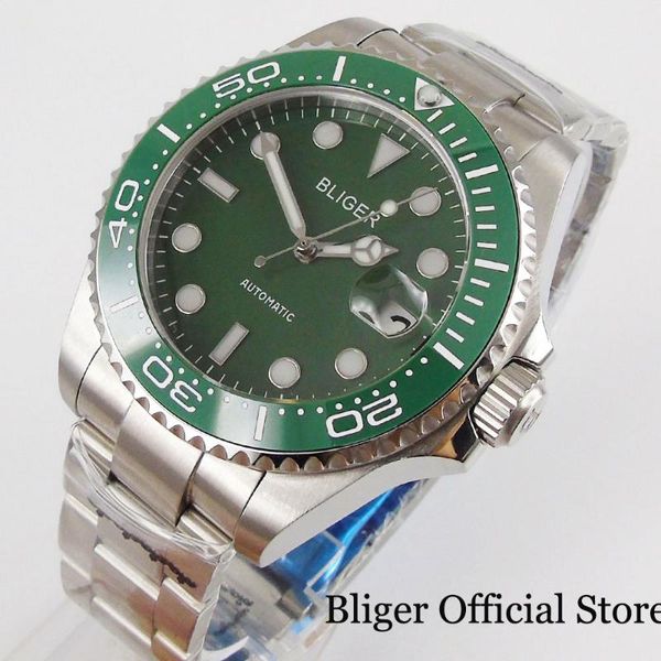 

wristwatches bliger green 43mm self winding men watch sapphire glass nh35/mingzhu/miyota automatic movement steel band transparent backcover, Slivery;brown
