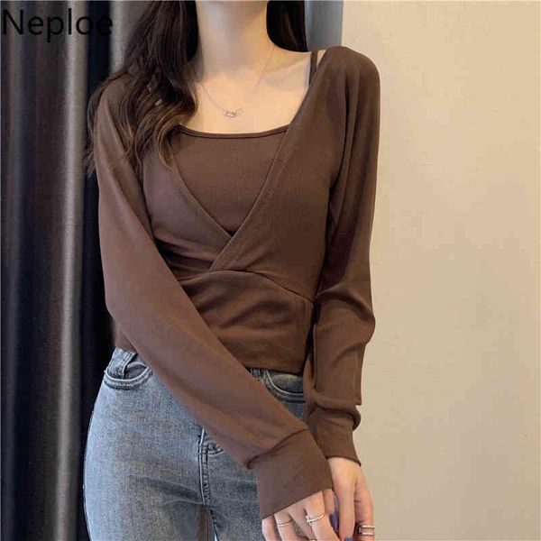 

neploe fake two long sleeve woman tshirts fashion fall clothes shirt korean slim all-match tees loose solid color 210422, White