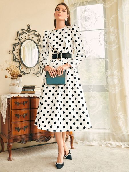 

polka dot print gigot sleeve dress without belt m51m#, Black;gray