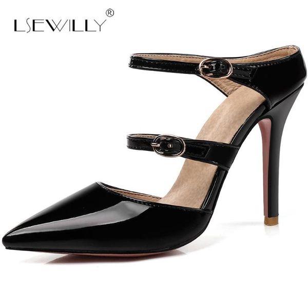 

lsewilly women sandals thin high heel patent leather buckle straps summer pointed toe size 30-47 s432, Black