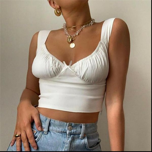 

summer crop white women tank ruched bow slim wide strap tees skinny femme camisole