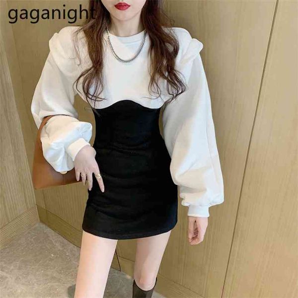 

autumn winter fashion women patchwork dress long sleeve o neck ruffles thick dresses fuzzy chic korean lady vestidos 210601, Black;gray