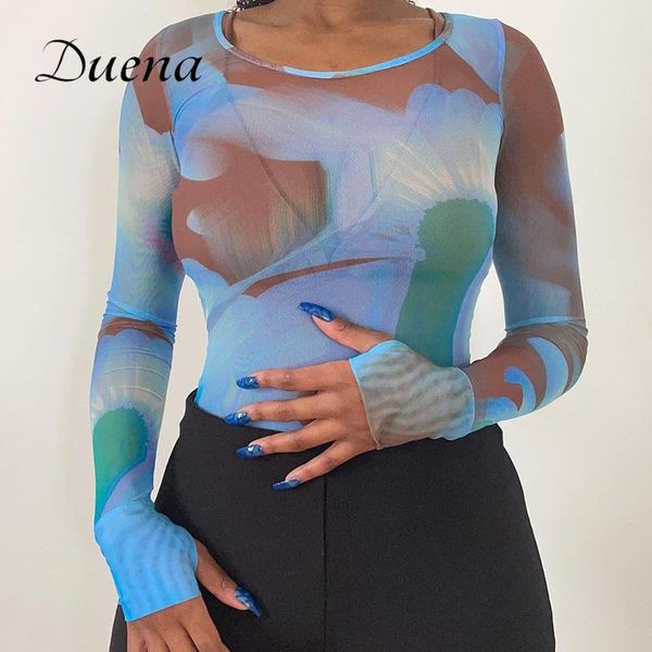 

women's blouses & shirts duena mesh see through long sleeve shirt summer blue floral round neck street wear women slim tie dye pink, White