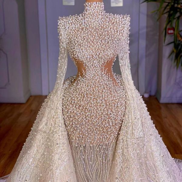 Luxo pérolas manga comprida vestidos de casamento beading vestidos nupciais com saia destacável Dubai vestido de novia personalizar