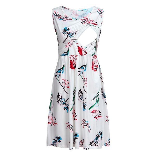 

maternity dresses 4# women floral printed sleeveless with pockets nursing breastfeeding dress round neck vestido, White