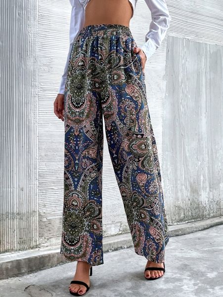 

pocket front floral wide leg pants 80ff#, Black;white