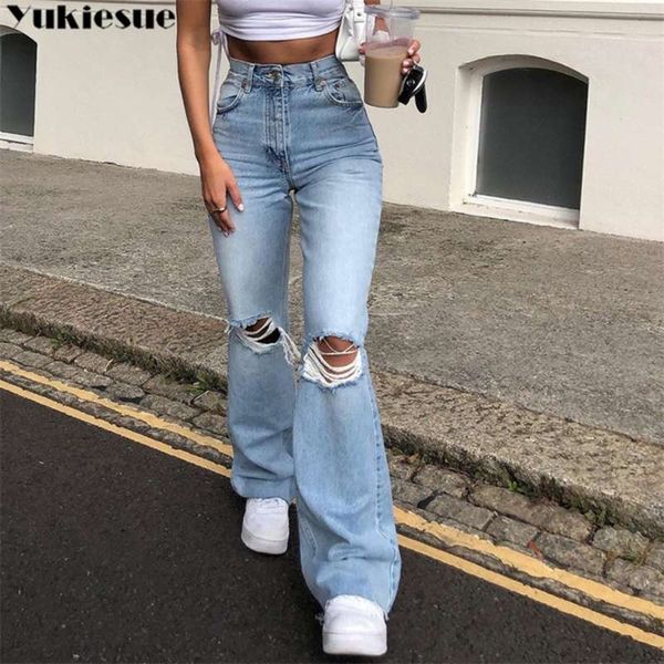 

flare pants female women's jeans large size boyfriend women high waist mom ripped stright trousers 210927, Blue