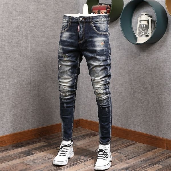 

fashion streetwear men jeans slim fit elastic destroyed ripped denim trousers painted spliced designer hip hop punk biker pants 220312, Blue