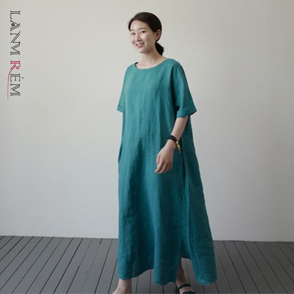 

summer cotton and linen dress women korean fashion loose causal big size bandage waist short sleeve yj172 210507, Black;gray
