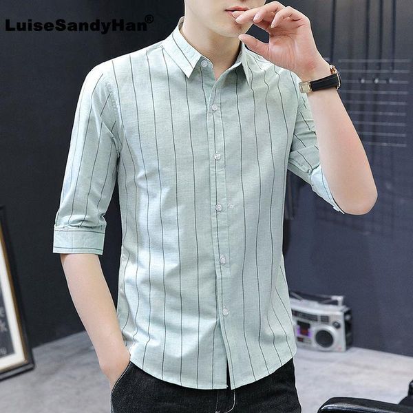 

men's casual shirts 3/4 sleeve lapel striped printed shirt slim simple style fashion single-breasted business blouse men spring summer, White;black