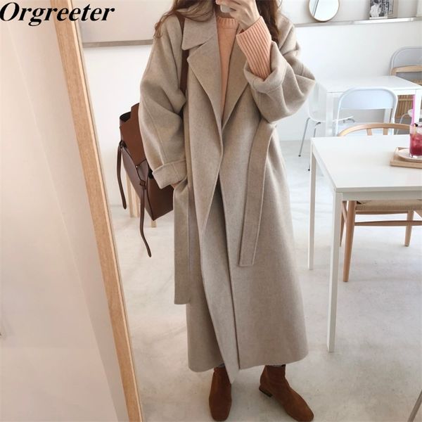 

high qualirt autumn winter women's casual wool blend trench coat oversize long with belt warm cashmere outerwear 210602, Tan;black