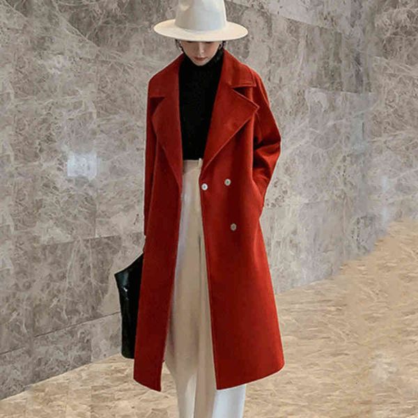 

women's jackets [ewq] fashion solid color medium long korean lapel winter lace up sleeve pink woolen coat female 16e3241 qhsd, Black;brown