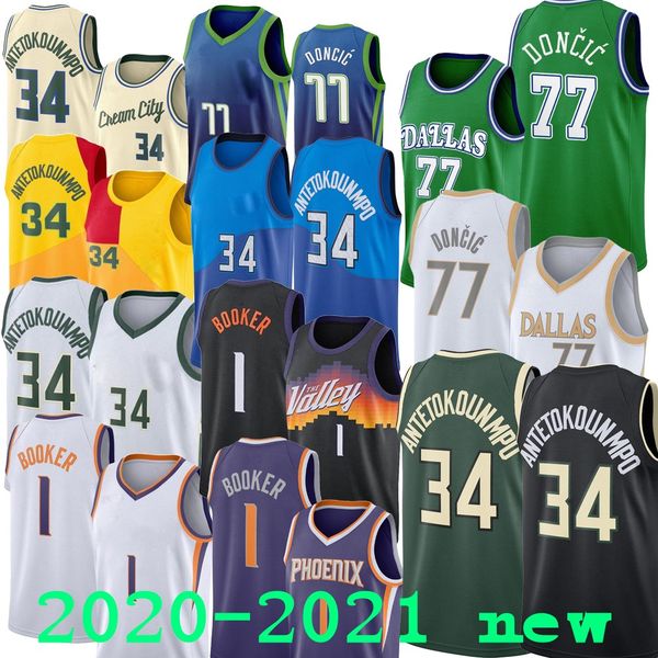 

2021 new luka giannis 34 devin antetokounmpo 77 doncic 1 booker city basketball jersey, Black;red