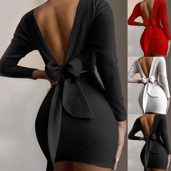 

casual dresses fashion women autumn solid knitting belt long sleeve bow backless o-neck mini derss slim elastic bodycon party vestidos, Black;gray