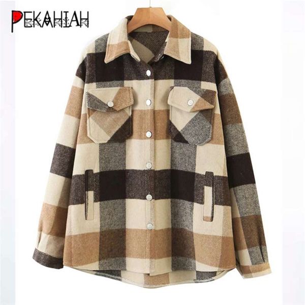 

wintewr clothing vintage pocket women jacket coat fashion slim long sleeve plaid casual loose jacket famale outerwear chic 210928, Black;brown